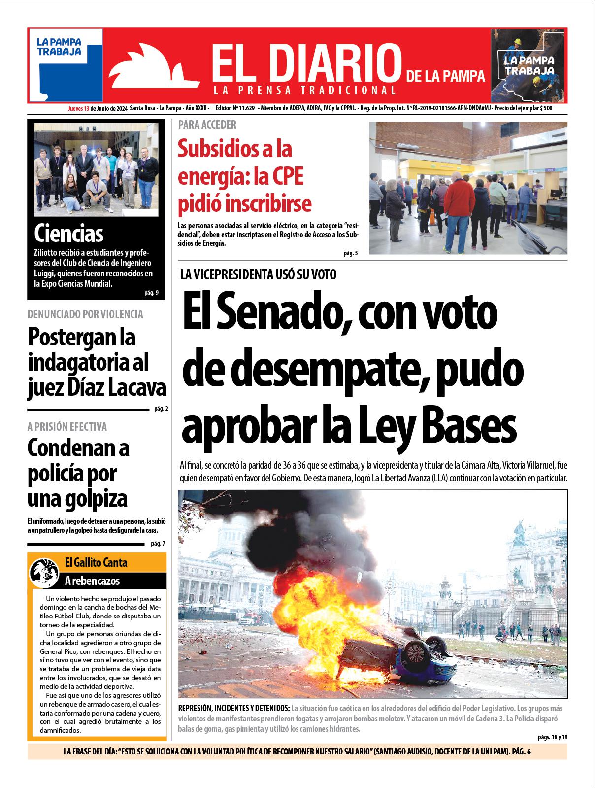 Tapa de El Diario en papel  jueves 13 de junio de 2024